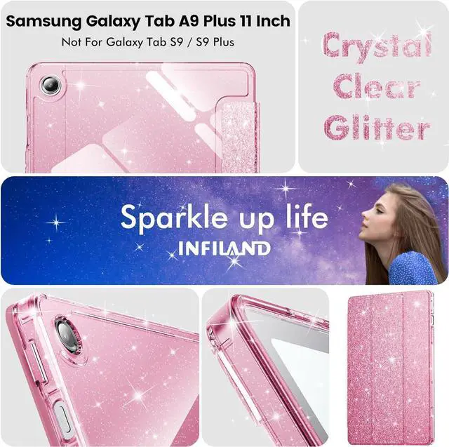 Alt view image 6 of 7 - Case for Galaxy Tab A9 Plus 5G Glitter Cover with Sparkly Clear Back for  Galaxy Tablet A9+/A9 Plus 11 Inch 2023 Model (SM-X210/X216/X218)[Auto Wake/Sleep] for Girls Kids Pink