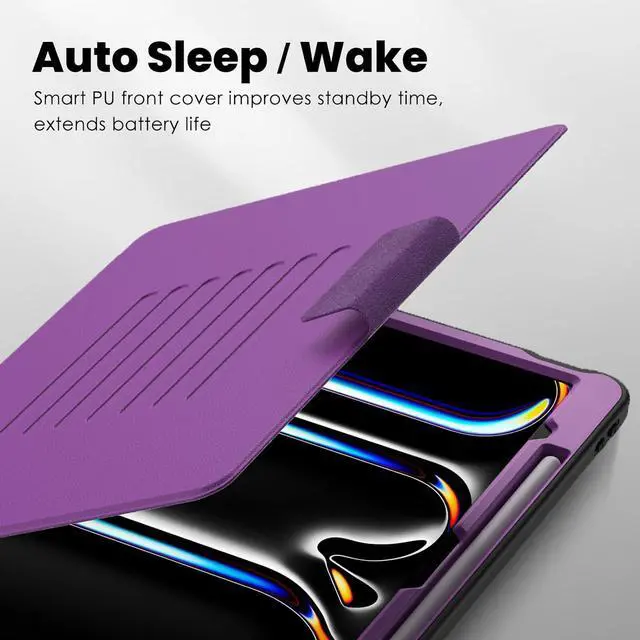 Alt view image 3 of 7 - Rugged Magnetic Auto Sleep/Wake Case for iPad Pro 13 Inch M4 2024 Stand Case with Pen Holder Card Slot Purple