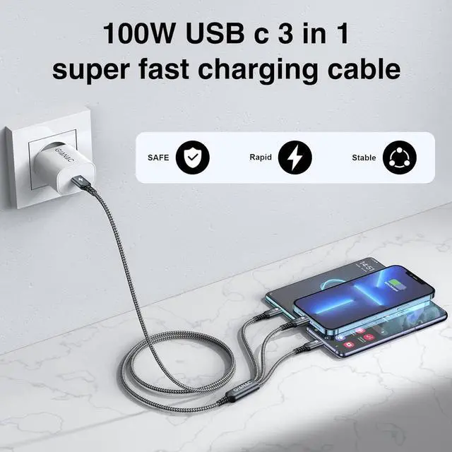 Alt view image 2 of 6 - 100W USB C Multi Charging Cable [1.2M] 3 in 1 Charging Cable with E-Mark Chip USB C [100W]+Lightning[27W]+Micro[10W] for iPad Pro iPad Mini MacBook Pro/Air/iPhone14 13 12 11