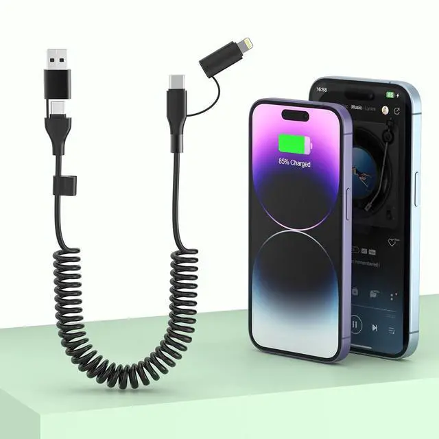 Main image of Multi Coiled 4-in-1 USBA/Type C to USB-C/Lightning Cable Combo for  Carplay& Android Auto Black 3A 60W Fast Charge & Data Sync Car Charger Cord for iPhone 15/14/13/12 Galaxy Android-MFi