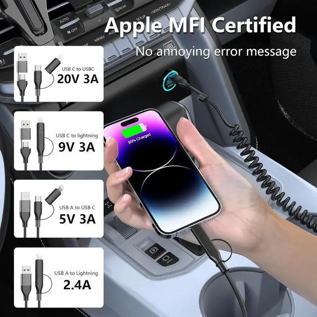 Alt view image 2 of 7 - Multi Coiled 4-in-1 USBA/Type C to USB-C/Lightning Cable Combo for  Carplay& Android Auto Black 3A 60W Fast Charge & Data Sync Car Charger Cord for iPhone 15/14/13/12 Galaxy Android-MFi