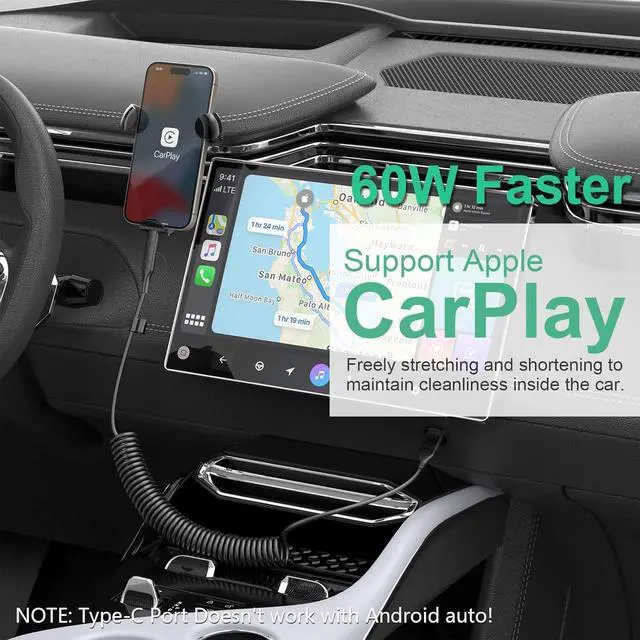 Alt view image 4 of 7 - Multi Coiled 4-in-1 USBA/Type C to USB-C/Lightning Cable Combo for  Carplay& Android Auto Black 3A 60W Fast Charge & Data Sync Car Charger Cord for iPhone 15/14/13/12 Galaxy Android-MFi