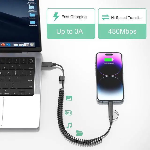 Alt view image 6 of 7 - Multi Coiled 4-in-1 USBA/Type C to USB-C/Lightning Cable Combo for  Carplay& Android Auto Black 3A 60W Fast Charge & Data Sync Car Charger Cord for iPhone 15/14/13/12 Galaxy Android-MFi