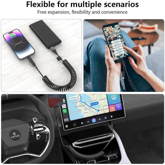 Alt view image 7 of 7 - Multi Coiled 4-in-1 USBA/Type C to USB-C/Lightning Cable Combo for  Carplay& Android Auto Black 3A 60W Fast Charge & Data Sync Car Charger Cord for iPhone 15/14/13/12 Galaxy Android-MFi