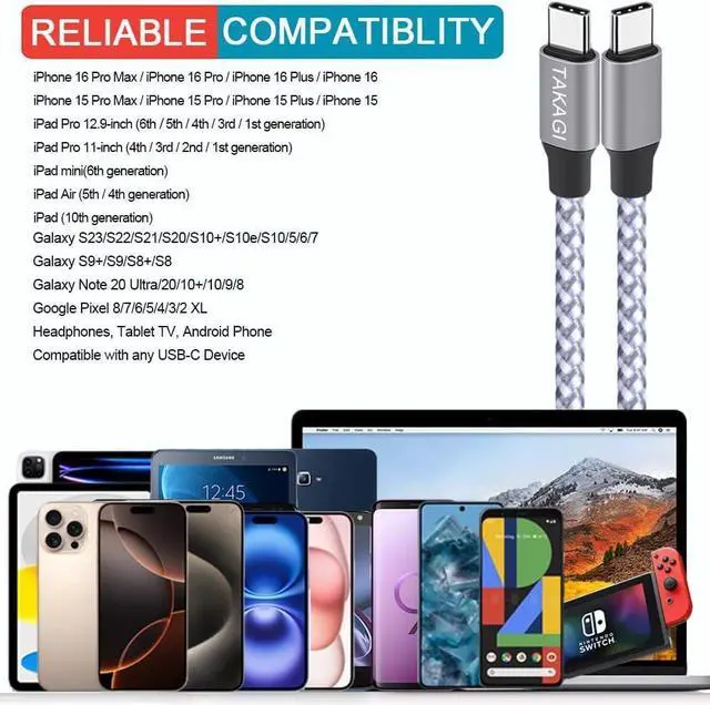 Alt view image 7 of 7 - USB C Cable for iPhone 16 15 Pro Max Fast Charger Cord braided USBC to USB C Cable 60W 6ft 3Pack Data Sync Type C Cable for iPhone 15 16 Plus/iPad Mini 6 Pro 12.9/MacBook Pro/Air 4/5/Galaxy S24/23/22