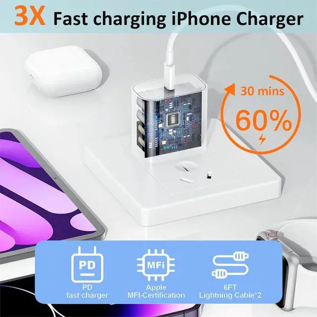 Alt view image 3 of 7 - iPhone Fast Charger iPhone Charger Fast Charging 2Pack PD 6FT Type C Quick USB C to Lightning Cable Cord Fast Charger iPhone USB C Wall Block Plug for iPhone 14 13 12 11 Pro Max XR XS X iPad AirPods