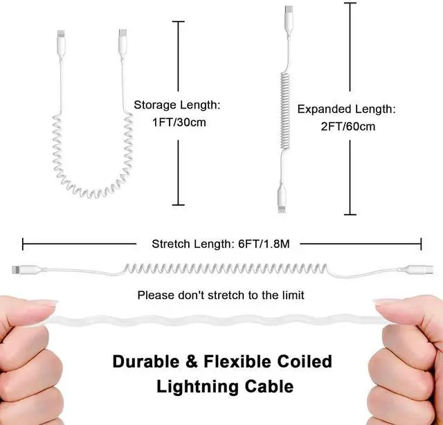 Alt view image 4 of 7 - USB Type C to Lightning Cable 6FT 2Pack [ MFi Certified] Coiled iPhone Charger Fast Charging for Car Short USB C iPhone Cord Compatible for iPhone 14 13 12 11 Pro Max XS XR X 8 7 CarPlay White