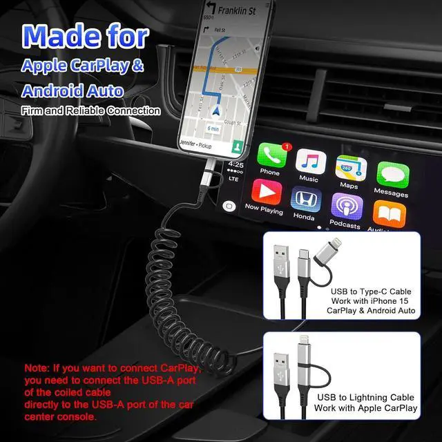 Alt view image 2 of 7 - USB to USB-C and Lightning Cable 2 in 1 Coiled Cable Aple Carplay & Android Auto Compatible [MFi & 3A Fast Charge & Data Sync] Coiled Lightning and USB C Cable for iPhone 16/15/14/13/Android Silver