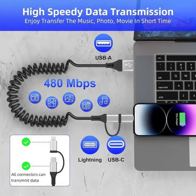 Alt view image 5 of 7 - USB to USB-C and Lightning Cable 2 in 1 Coiled Cable Aple Carplay & Android Auto Compatible [MFi & 3A Fast Charge & Data Sync] Coiled Lightning and USB C Cable for iPhone 16/15/14/13/Android Silver