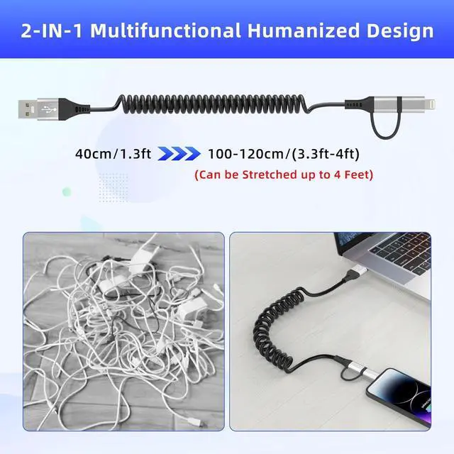 Alt view image 7 of 7 - USB to USB-C and Lightning Cable 2 in 1 Coiled Cable Aple Carplay & Android Auto Compatible [MFi & 3A Fast Charge & Data Sync] Coiled Lightning and USB C Cable for iPhone 16/15/14/13/Android Silver