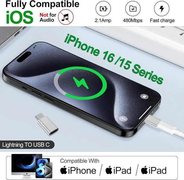 Alt view image 3 of 6 - ?????????? ???????????????? Lightning to USB C Adapter for iPhone 16/15 Pro Max/Plus  S25 iPad Nintendo Switch Support Charging Not for Audio Type C Charger Connector for iPhone 16/15 Charger