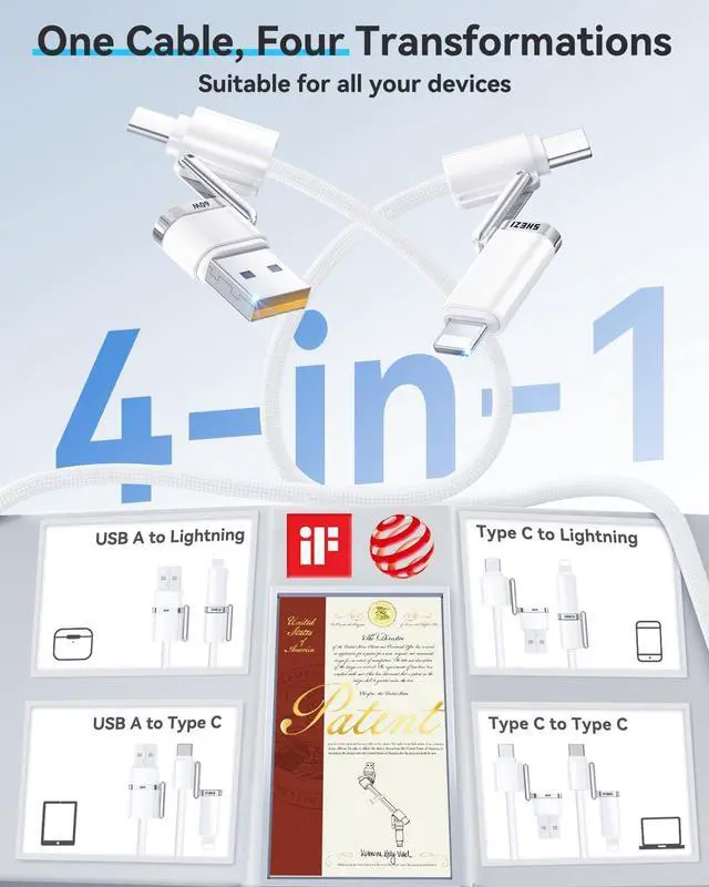 Alt view image 2 of 7 - [ style Braided ] 4in 1 Charging Cable 5ft 60W Fast Charging & Data Transfer USB to Lightning/Type C Cable Multi Cords for iPhone/iPad//MacBook CarPlay & Android Auto Support White