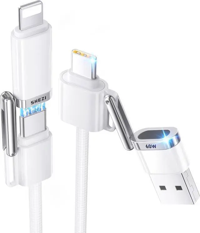 Main image of [ style Braided ] 4in 1 Charging Cable 5ft 60W Fast Charging & Data Transfer USB to Lightning/Type C Cable Multi Cords for iPhone/iPad//MacBook CarPlay & Android Auto Support White