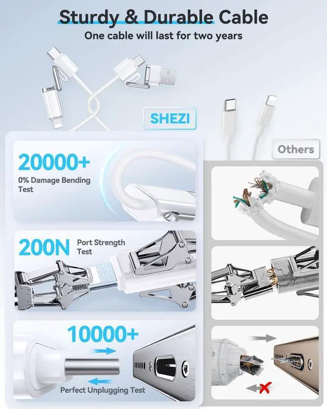 Alt view image 5 of 7 - [ style Braided ] 4in 1 Charging Cable 5ft 60W Fast Charging & Data Transfer USB to Lightning/Type C Cable Multi Cords for iPhone/iPad//MacBook CarPlay & Android Auto Support White