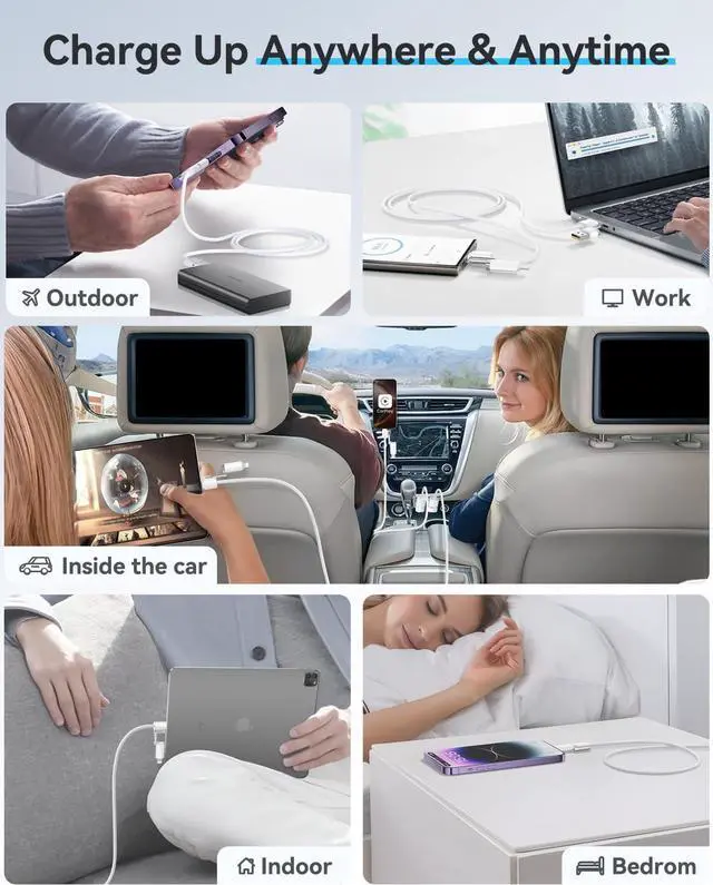 Alt view image 7 of 7 - [ style Braided ] 4in 1 Charging Cable 5ft 60W Fast Charging & Data Transfer USB to Lightning/Type C Cable Multi Cords for iPhone/iPad//MacBook CarPlay & Android Auto Support White