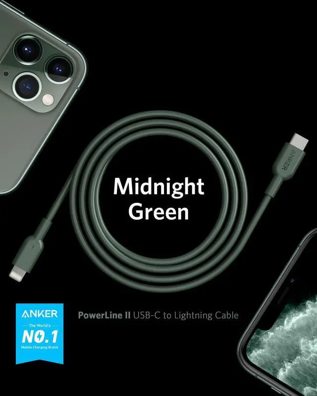 Alt view image 2 of 7 - USB C to Lightning Cable 321 USB-C to Lightning Cable (6ft Midnight Green) MFi Certified Cable for iPhone 13 Pro 12 Pro Max 12 11 X XS Supports Power Delivery (Charger Not Included)