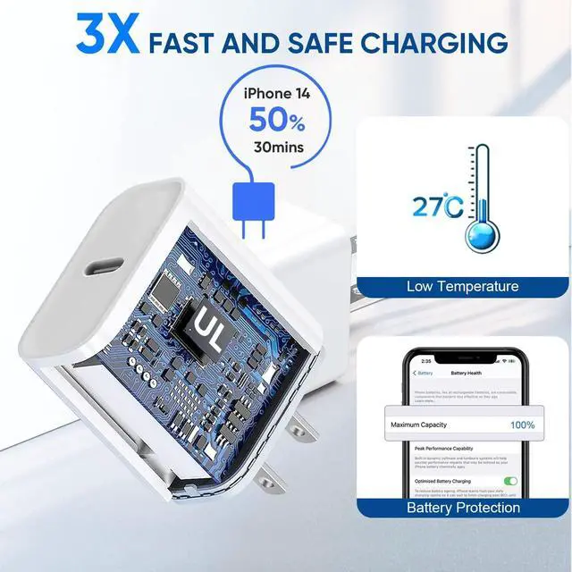 Alt view image 2 of 7 - 3 Pack Fast Charger iPhone  MFi Certified6FT iPhone Charger Fast Charging USB C Block Wall Adapter 6 Foot Type C to Lightning Cable for iPhone 14 Pro Max/14 Plus/13 Pro/12/12Pro/11/XS/X AirPods