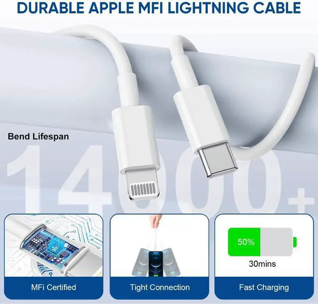 Alt view image 6 of 7 - 3 Pack Fast Charger iPhone  MFi Certified6FT iPhone Charger Fast Charging USB C Block Wall Adapter 6 Foot Type C to Lightning Cable for iPhone 14 Pro Max/14 Plus/13 Pro/12/12Pro/11/XS/X AirPods