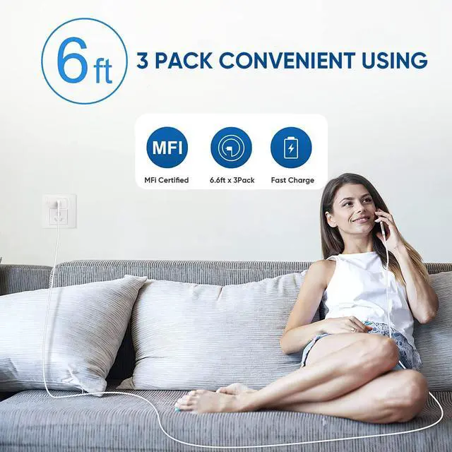 Alt view image 5 of 7 - 3 Pack Fast Charger iPhone  MFi Certified6FT iPhone Charger Fast Charging USB C Block Wall Adapter 6 Foot Type C to Lightning Cable for iPhone 14 Pro Max/14 Plus/13 Pro/12/12Pro/11/XS/X AirPods