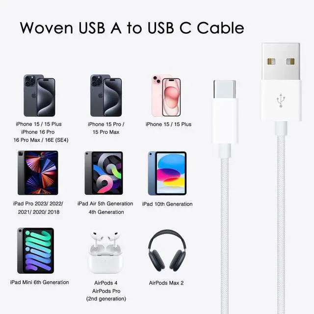 Alt view image 3 of 7 - iPhone 15/16 USB A to USB C Woven Cable for iPhone 16E(SE4) 15/16 Pro Max 15/6 Plus iPad 10th Gen iPad Pro 12.9/11 iPad Air 5th/4th Gen Mini 6th Type-c Charger Cord Car Play Charging Cable