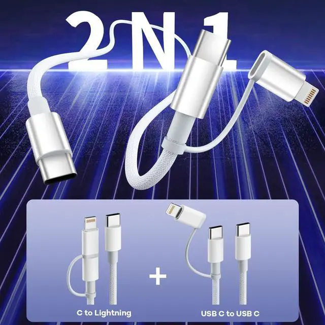 Alt view image 3 of 7 - 60W Max 2 in 1 USB C to USB C/Lightning Cable 2Pack 4FT Fast Charging Type C Cable Multi Charging Cable iPhone Charger Cord Compatible for iPhone 16/15/14/13  MacBook Pad and More