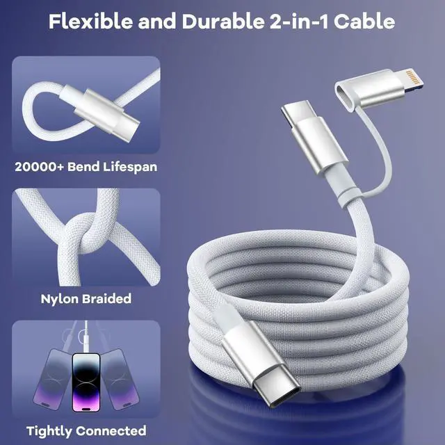 Alt view image 4 of 7 - 60W Max 2 in 1 USB C to USB C/Lightning Cable 2Pack 4FT Fast Charging Type C Cable Multi Charging Cable iPhone Charger Cord Compatible for iPhone 16/15/14/13  MacBook Pad and More