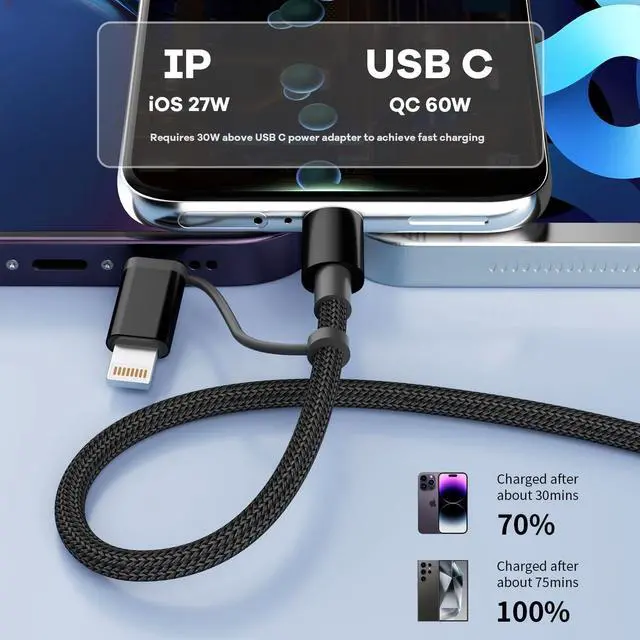 Alt view image 5 of 7 - 60W Max 2 in 1 USB C to USB C/Lightning Cable 2Pack 4FT Fast Charging Type C Cable Multi Charging Cable iPhone Charger Cord Compatible for iPhone 16/15/14/13  MacBook Pad and More