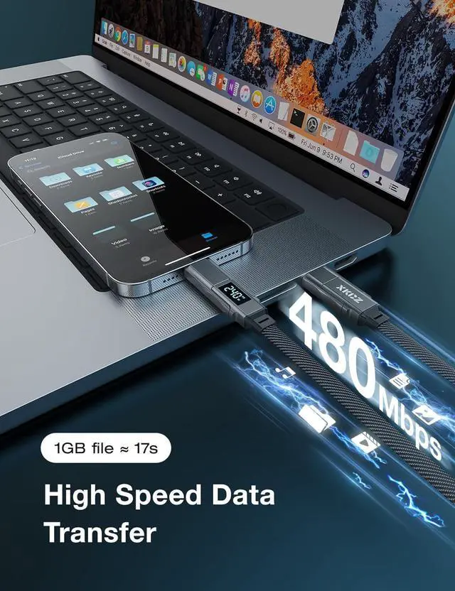 Alt view image 6 of 6 - 4 in 1 USB C Cable with Wattage Display 240W Flat Nylon Braided Multi Charge Cable with Data Sync USB C Charging Cord Combo Type C/USB A/L Port for iPhone/iPad//Laptop 5FT