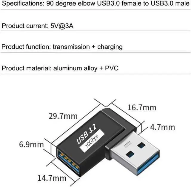 Alt view image 4 of 5 - 90 Degree Left Right Angle USB 3.0 Male to Female Expansion Adapter USB Extender Connector Adapter 2 Pack-Black