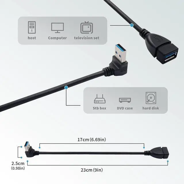 Alt view image 4 of 6 - USB 3.0 Right Angle 90 Degree UP & Down Extension Cable Male to Female Converter Data Adapter Cord 2 Pairs
