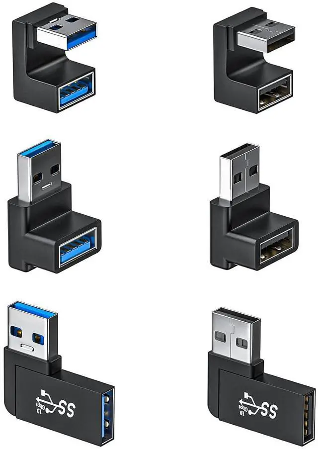Main image of 6 Pack 180 Degree & 90 Degree USB 3.1 Adapter Left and Right Angle USB A Male to Female Extender Connector for PC Laptop USB A Car Charger Surface Pro 7+ Raspberry Pi and More