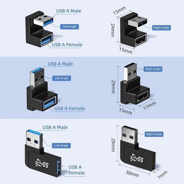 Alt view image 7 of 7 - 6 Pack 180 Degree & 90 Degree USB 3.1 Adapter Left and Right Angle USB A Male to Female Extender Connector for PC Laptop USB A Car Charger Surface Pro 7+ Raspberry Pi and More