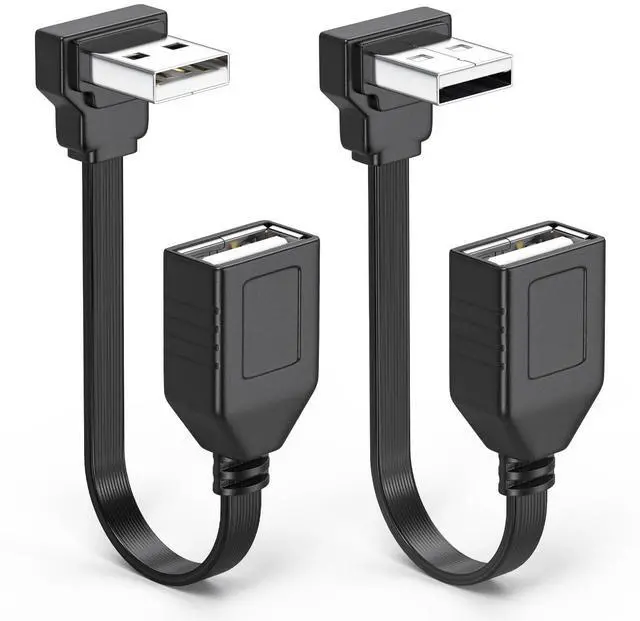Main image of 2PCS 90 Degree USB2.0 Extension Cable Flat Right Angle Male to Female USB Cable Soft 4 Inch-10CM UP Angle + Down Angle on Each for Car Carplay