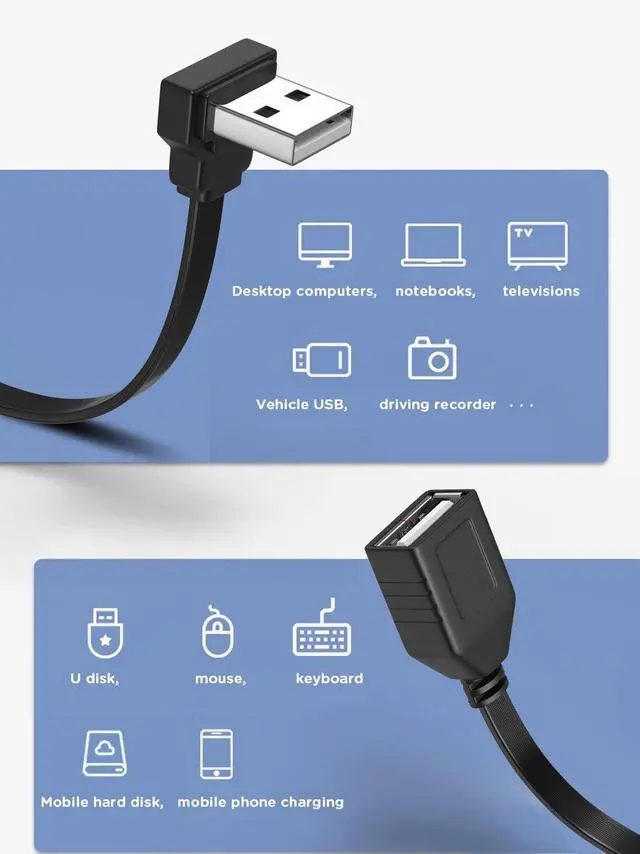 Alt view image 2 of 7 - 2PCS 90 Degree USB2.0 Extension Cable Flat Right Angle Male to Female USB Cable Soft 4 Inch-10CM UP Angle + Down Angle on Each for Car Carplay