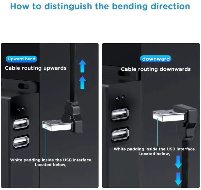 Alt view image 4 of 7 - 2PCS 90 Degree USB2.0 Extension Cable Flat Right Angle Male to Female USB Cable Soft 4 Inch-10CM UP Angle + Down Angle on Each for Car Carplay