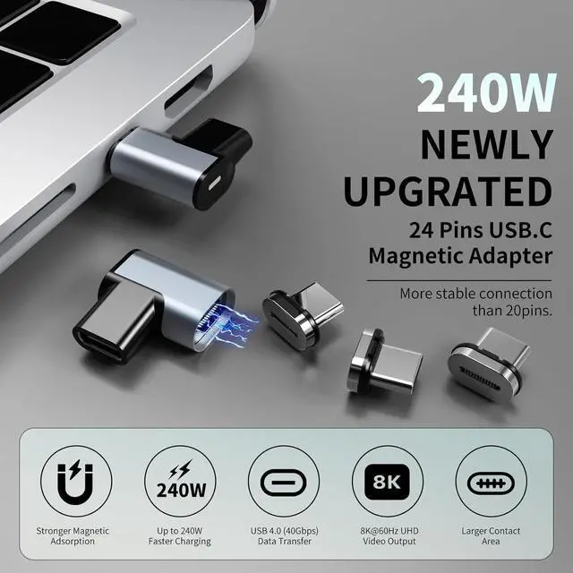 Alt view image 3 of 7 - USB-C Adapter 2 Pack with 4 Connector Tips Detachable USB C Adapter 240W 90 Degree Magnetic USB C Extender Compatible with Thunderbolt 3/4 USB4 40Gbps 8K 60Hz MacBook Pro/Air Laptop PC