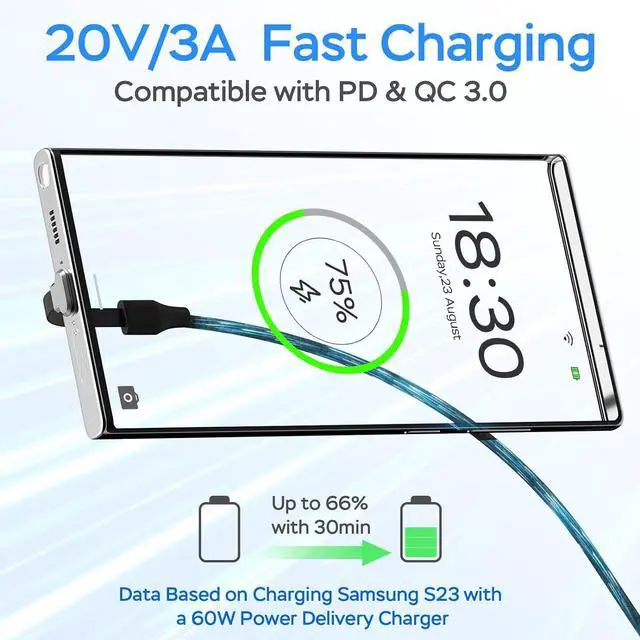 Alt view image 3 of 7 - USB C Charger Cable 60W 3.3ft Type C Charging Cable Flat 90-Degree C-Port High-Speed Data Transfer Compatible with  S23/S22/S21 iPhone 15 Pro/Pro Max MacBook Air/Pro etc.