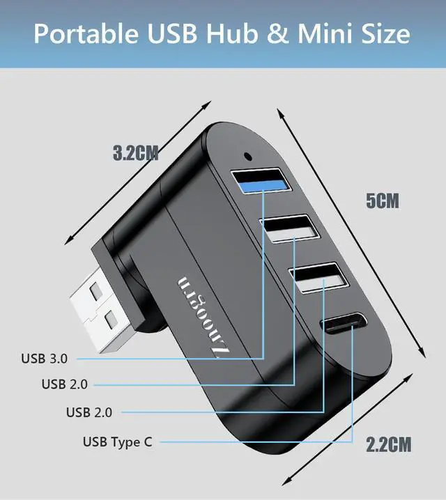 Alt view image 2 of 6 - Upgrade 4 Ports USB 3.0 Hub (90°/180° Degree Rotatable) USB Multiport Rotating Hub with USB C Power/Data Port USB Extender for Laptop Camera PC Xbox MacBook Pro and More