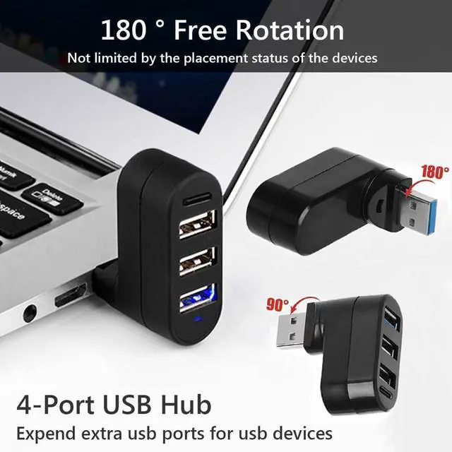 Alt view image 3 of 6 - Upgrade 4 Ports USB 3.0 Hub (90°/180° Degree Rotatable) USB Multiport Rotating Hub with USB C Power/Data Port USB Extender for Laptop Camera PC Xbox MacBook Pro and More