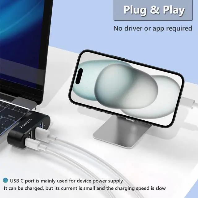 Alt view image 4 of 6 - Upgrade 4 Ports USB 3.0 Hub (90°/180° Degree Rotatable) USB Multiport Rotating Hub with USB C Power/Data Port USB Extender for Laptop Camera PC Xbox MacBook Pro and More