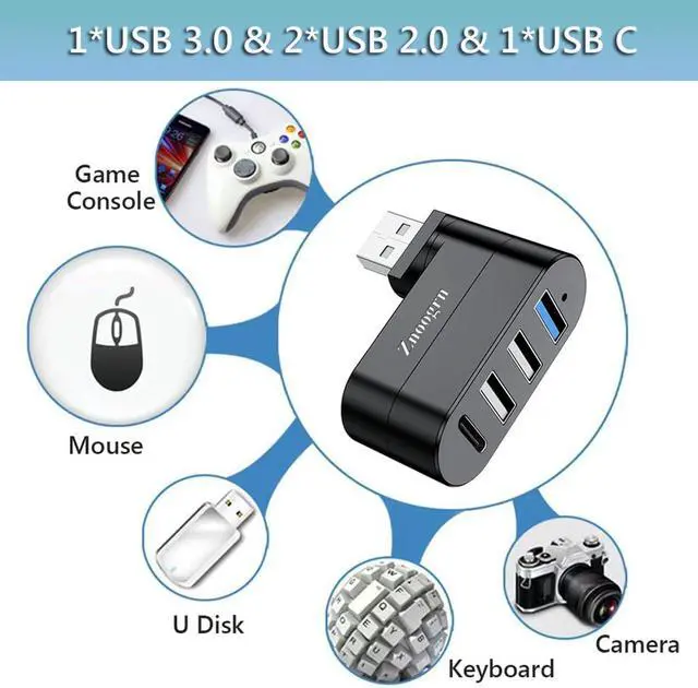 Alt view image 6 of 6 - Upgrade 4 Ports USB 3.0 Hub (90°/180° Degree Rotatable) USB Multiport Rotating Hub with USB C Power/Data Port USB Extender for Laptop Camera PC Xbox MacBook Pro and More