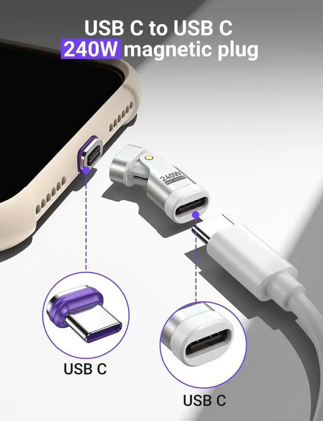 Alt view image 4 of 7 - PD 240W 16PIN 180 Degree USB C Magnetic Adapter(2Pack)/USB C 90 Degree Adapter/Right Angle C Adapter/C to C Adapter for 1Phone 16/15 Series Ma-Book Pro/1Pad Series  Galaxy White