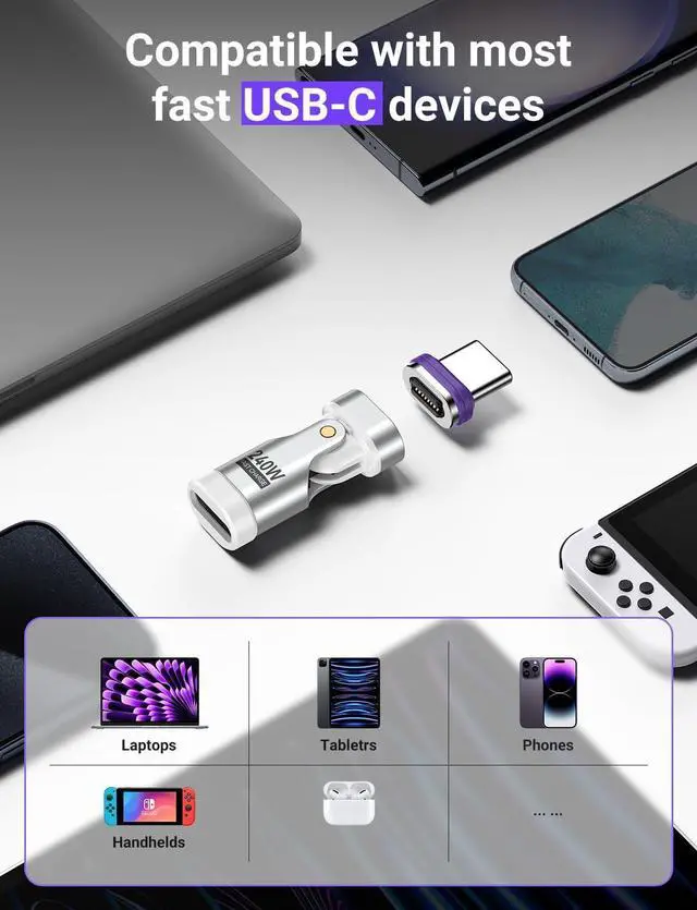Alt view image 5 of 7 - PD 240W 16PIN 180 Degree USB C Magnetic Adapter(2Pack)/USB C 90 Degree Adapter/Right Angle C Adapter/C to C Adapter for 1Phone 16/15 Series Ma-Book Pro/1Pad Series  Galaxy White