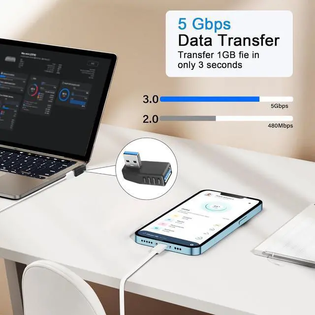 Alt view image 4 of 7 - 90 Degree USB 3.0 Adapter USB A 3.0 Male to Female Adapter Right Angle USB A Extender Adapter Supports Charging/Transfer for Laptop Mobile Power Mouse USB Stick 2Pcs (Right Angle)