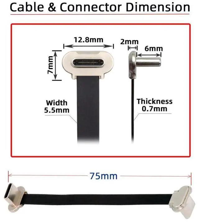 Alt view image 4 of 7 - USB C Short Flat Cable USB 2.0 Type C Dual 90 Degree Angled PD 65W Fast Charge Data Extension 75MM Cable