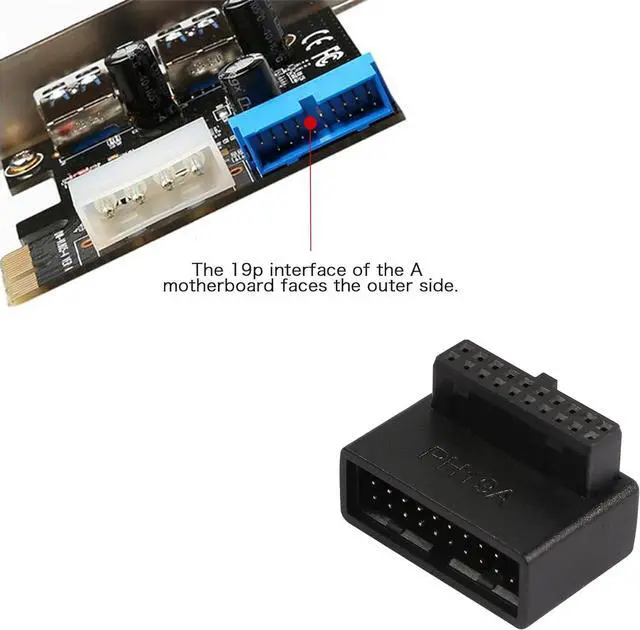 Alt view image 3 of 7 - USB 3.0 90 Degree Motherboard Adapter 19 Pin/20 Pin Male to Female Extension Adapter L Turn Right Angle Socket for Desktop Motherboard (Up Angle PH19A)