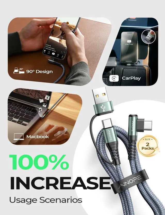 Alt view image 2 of 7 - 2-???????? USB C Cale Right Angle with USB to U SB C Adapter 60W Fast Charging Cable for iPad and USB C to U SB C Devices 6.6FT Carplay Type C Cable fit iPhone 16 15 Pro iPad  Series