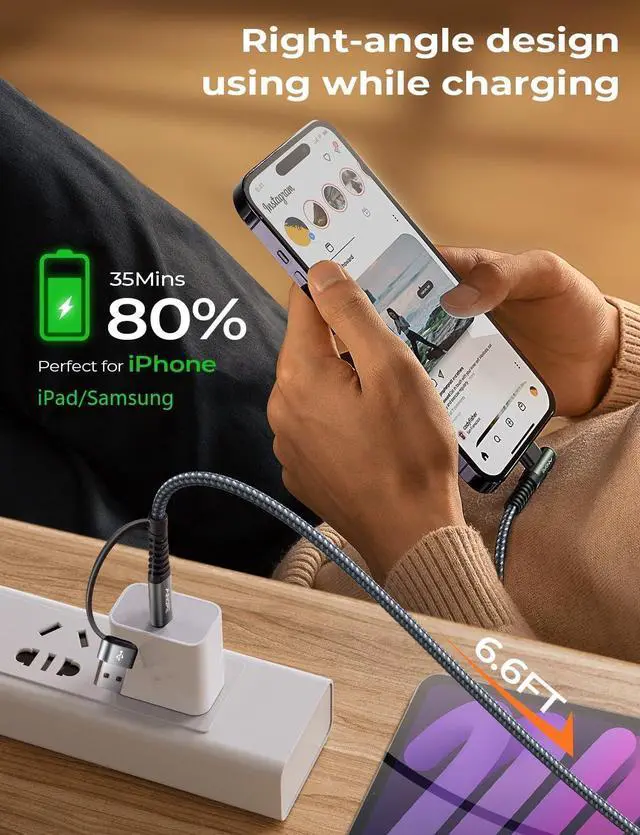 Alt view image 3 of 7 - 2-???????? USB C Cale Right Angle with USB to U SB C Adapter 60W Fast Charging Cable for iPad and USB C to U SB C Devices 6.6FT Carplay Type C Cable fit iPhone 16 15 Pro iPad  Series