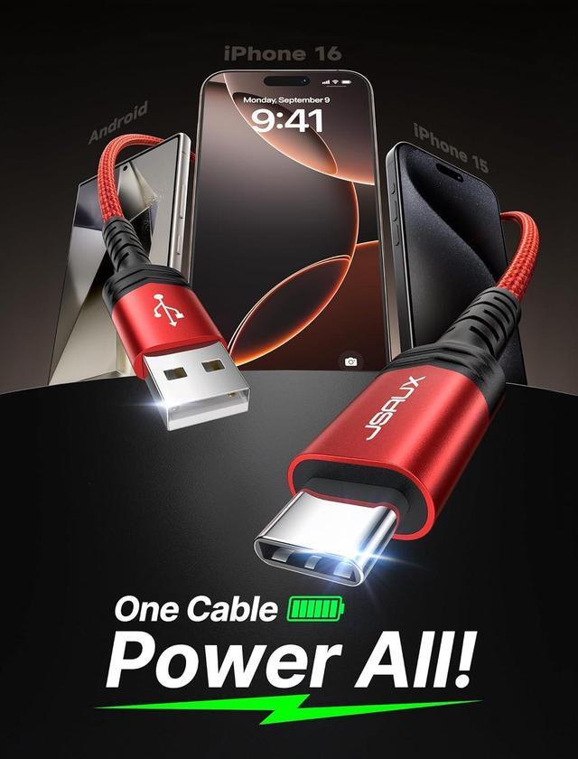 Alt view image 2 of 7 - JSAUX USB-C Cable 3.1A Fast Charging, 3-Pack (10ft+6.6ft+3.3ft) USB A to Type C Charge Cord Compatible with Samsung Galaxy S21 S20 Note 20 10, iPhone 16/16e/16 Pro/16 Pro Max/15, USB C Charger(Red)