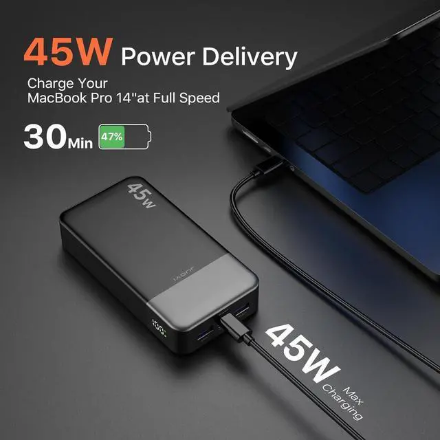 Alt view image 2 of 7 - Portable Power Bank 20000mAh 45W Portable Charger PD3.0 QC4.0 Fast Charging with LED Display 2 USB-C 2 USB-A Battery Pack for iPhone 15 14 13 Series MacBook Galaxy iPad and More (Black)